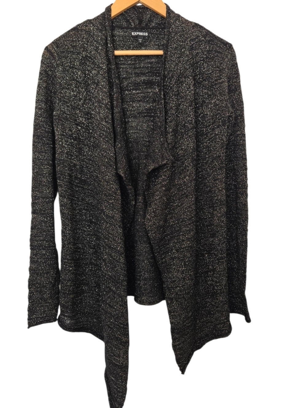 Y2K Express Black Gold Shimmer Cardigan Open Front Draped Lightweight Size Large